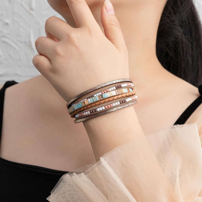 Rantanto Braid Leather Wrap Bracelet Trendy Stackable Crystal Cuff Boho Gold Heart Bracelet Jewelry Gift For Women - Image 2